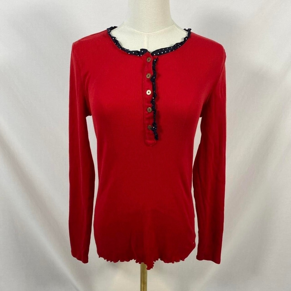 Tommy Hilfiger red long sleeve shirt ruffle polka dot trim size small preppy y2k